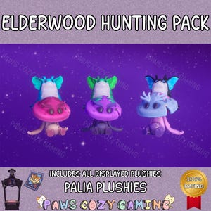Puede incluir: La imagen muestra tres peluches Palia con forma de hongo, cada uno con un esquema de color diferente: rosa y azul, morado y verde, y azul y morado. También se ve el texto "ELDERWOOD HUNTING PACK" y "PALIA PLUSHIES".
