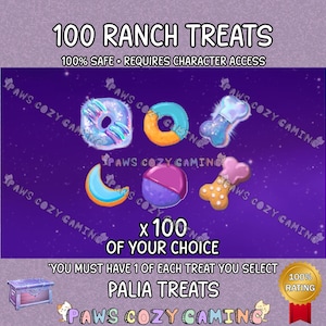 Könnte beinhalten: Ein digitales Bild mit sechs bunten, cartoonartigen Leckereien vor einem lila Sternenhintergrund. Der Text lautet "100 Ranch Treats" und "Palia Treats". Die Leckereien haben die Form eines Donuts, eines Knochens und eines Halbmonds. Eine Truhe und eine Goldmedaille sind ebenfalls zu sehen.