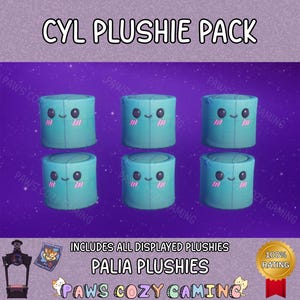 May include: Six teal cylinder plushies with smiling faces and pink accents are arranged on a purple background. The text "CYL PLUSHIE PACK" is at the top. The image also includes the text "PALIA PLUSHIES".