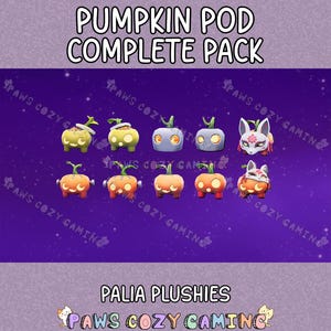 May include: A collection of ten digital pumpkin pod plushies arranged in two rows against a purple background. The text PUMPKIN POD COMPLETE PACK and PALIA PLUSHIES is visible. Each character features a unique face, stem, and colour variation.