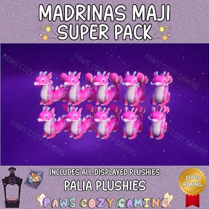 Może przedstawiać: Fioletowe tło przedstawia wiele różowych pluszowych smoków. U góry znajduje się tekst "MADRINAS MAJI SUPER PACK". Na dole znajduje się tekst "INCLUDES ALL DISPLAYED PLUSHIES PALIA PLUSHIES PAWS COZY GAMING".
