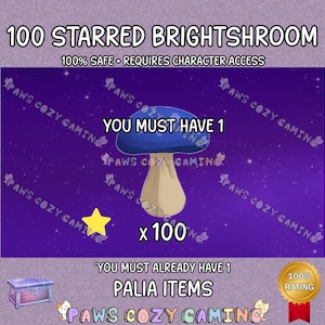Puede incluir: Ilustración de un hongo azul y beige con el texto "100 Starred Brightshroom". También se muestra una estrella amarilla y el número "100". El fondo es morado con estrellas blancas y el texto "Paws Cozy Gaming."
