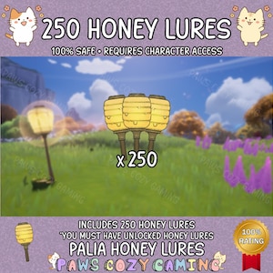 May include: An image promoting "250 Honey Lures" for a game. The graphic features a landscape with yellow lanterns and text that reads "100% Safe - Requires Character Access." The text also includes "Palia Honey Lures" and "Paws Cozy Gaming."