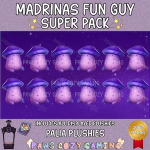 May include: A promotional image for "Madrina's Fun Guy Super Pack" showing multiple plushies of a mushroom character with a purple cap and body. The background is a starry purple. Text includes "Palia Plushies" and "Paws Cozy Gaming."