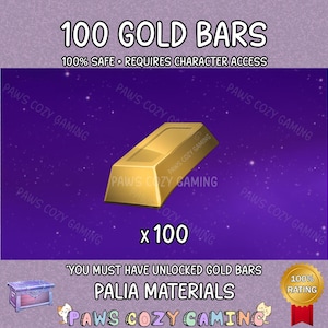 Può includere: Immagine di una barra d'oro con la scritta "100 GOLD BARS" e "x 100" su sfondo viola. È presente anche la scritta "100% SAFE • REQUIRES CHARACTER ACCESS". Le parole "PALIA MATERIALS" sono visibili.
