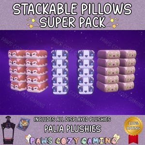 May include: Image of a "Stackable Pillows Super Pack" featuring plushies with animal faces. The plushies are in shades of brown, white, and blue. The text "Palia Plushies" is also visible.