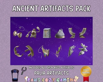 May include: A purple background displays a collection of ancient artifacts. The text "ANCIENT ARTIFACTS PACK" is at the top. The image includes various golden and gray artifacts, with the text "PALIA ARTIFACTS" at the bottom.