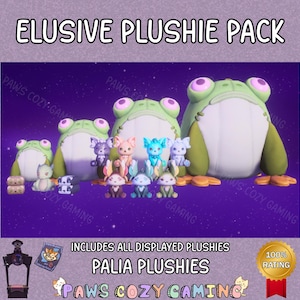 May include: An Elusive Plushie Pack featuring a variety of Palia plushies, including large green frog plushies and smaller animal plushies. The image has text that reads "Palia Plushies" and "Paws Cozy Gaming".