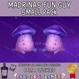 Könnte beinhalten: Werbebild mit zwei Pilz-Plüschfiguren mit lila Kappen und Körpern, vor einem sternenübersäten lila Hintergrund. Der Text "MADRINAS FUN GUY SMALL PACK" steht oben. Zusätzlicher Text enthält "PAWS COZY GAMING" und "PALIA PLUSHIES".