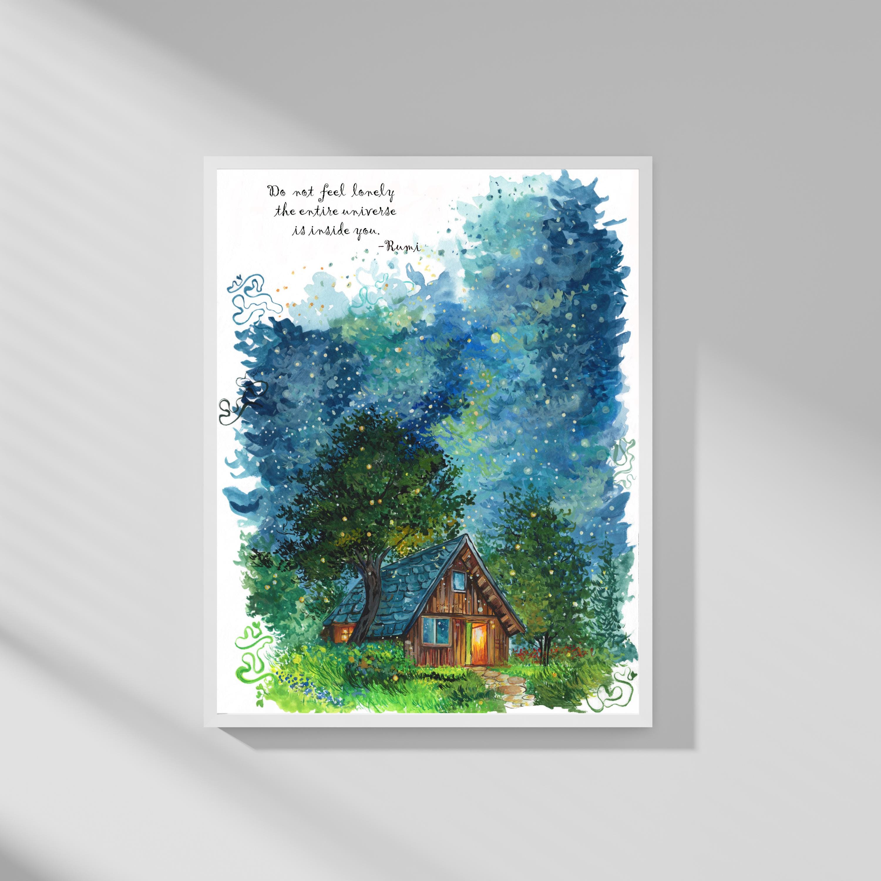 Rumi Quote Art Print: Night Landscape Gouache Painting, Cozy Cabin ...