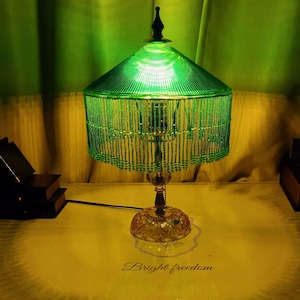Handmade Beaded Table Lamp: Bohemian Green Lampshade, Blue Glass