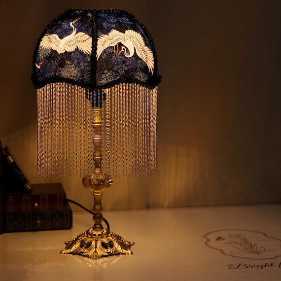 Handmade Brass Crane Table Lamp: Retro Tassel Bedroom Desk Light Housewarming Gifts