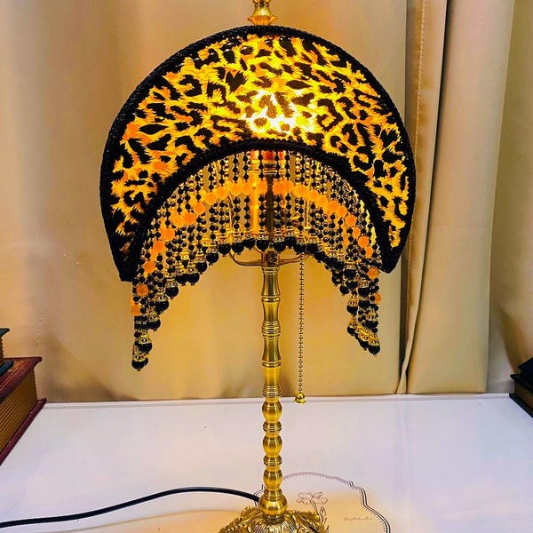 Handmade Leopard Print Moon Lamp: Brass Base Agate Tassel
