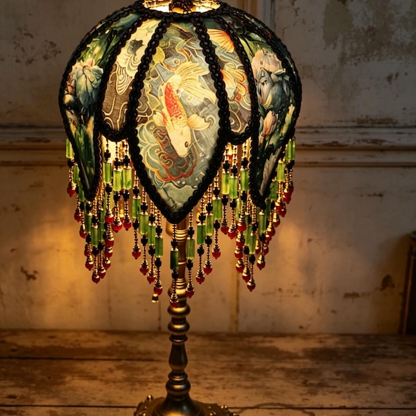 Vintage Koi Fish Beaded Lamp, Victorian Teal Floral Lampshade, Brass Base Accent Light