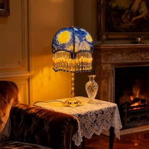 Handmade Van Gogh Lamp: Starry Night Brass Table Lamp with Moon Tassel