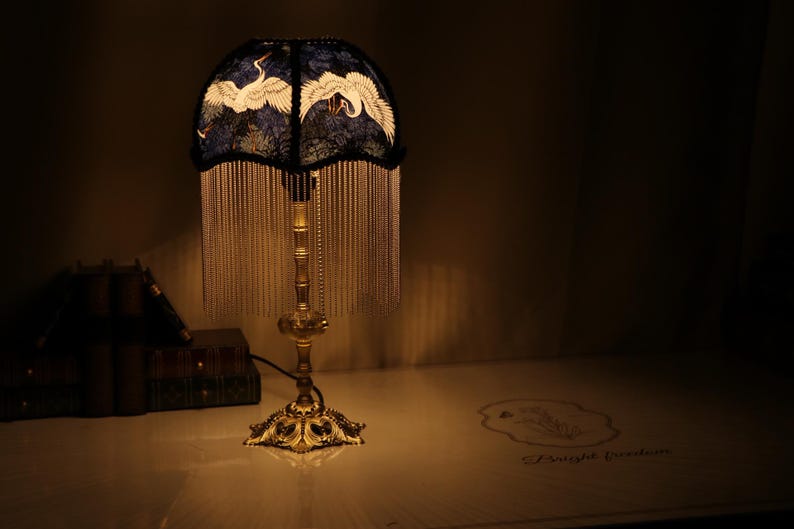 Handmade Brass Crane Table Lamp: Retro Tassel Bedroom Desk Light Housewarming Gifts image 2