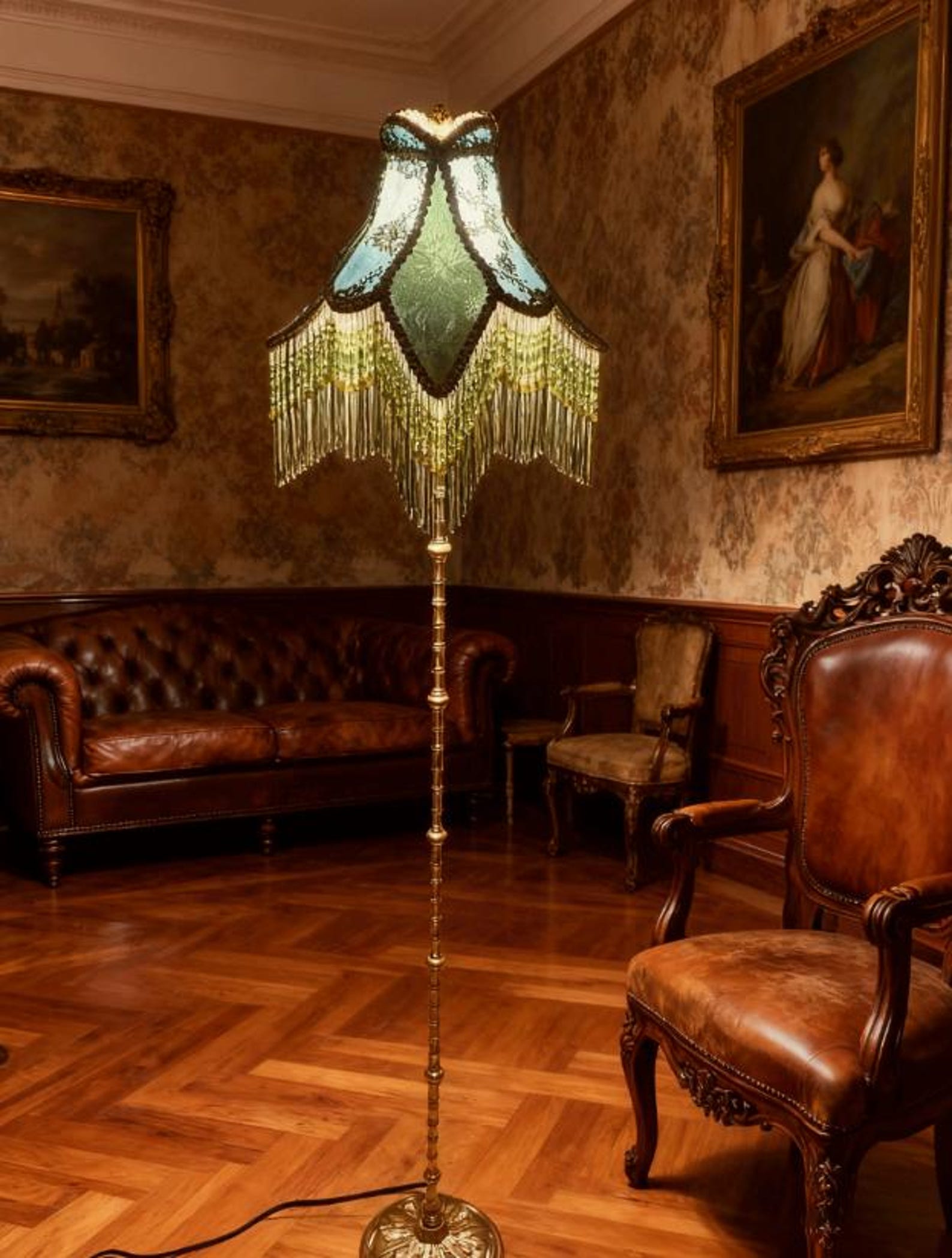Vintage Victorian Green Beaded Tassel Floor Lamp - Ornate Brass Base