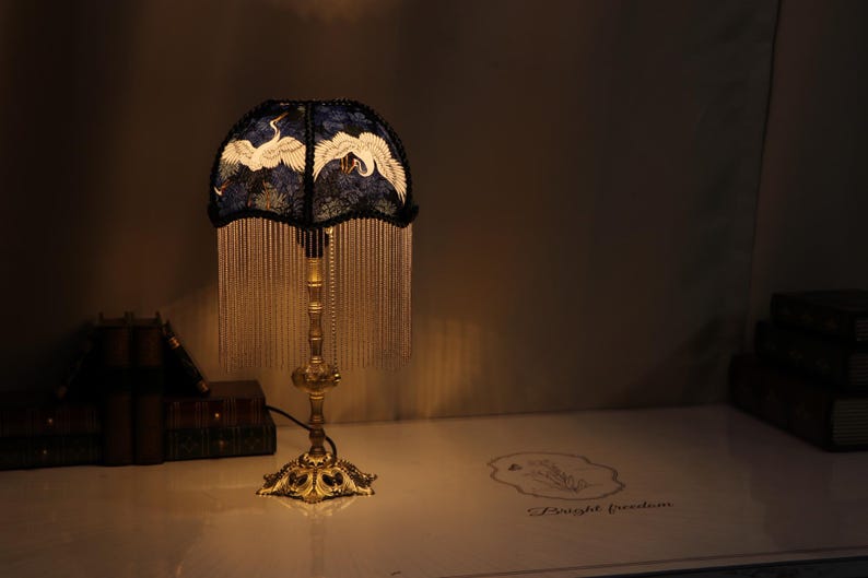 Handmade Brass Crane Table Lamp: Retro Tassel Bedroom Desk Light Housewarming Gifts image 5