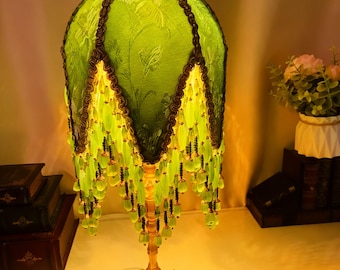 Handmade Green Beaded Tassel Table Lamp – Retro Silk Shade, Brass Base