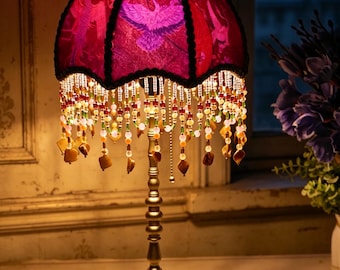 Retro Chinoiserie Crane Silk Lampshade Lamp, Beaded Tassels, Antique Brass Base