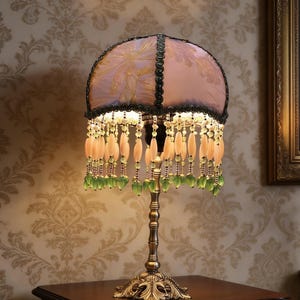 Handcrafted Pink Floral Brocade Table Lamp, Peach Beaded Tassel, Antique Brass Base
