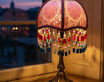 Bohemian Floral Fabric Table Lamp, Hand Beaded Fringe, Retro Bronze  Base, Romantic Living Room Accent Light