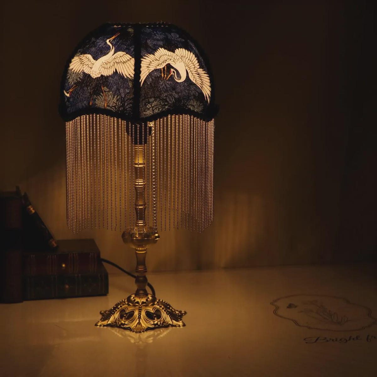 Handmade Brass Crane Table Lamp: Retro Tassel Bedroom Desk Light Housewarming Gifts