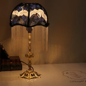 Handmade Brass Crane Table Lamp: Retro Tassel Bedroom Desk Light Housewarming Gifts image 7
