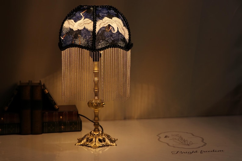 Handmade Brass Crane Table Lamp: Retro Tassel Bedroom Desk Light Housewarming Gifts image 7