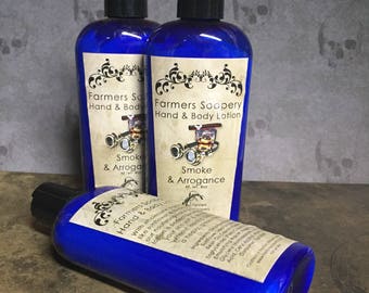 Smoke & Arrogance Hand Body Lotion 4oz Moisturizing Scented Tobacco Leaf Amber Spices Moisturizing Lotion for Dry Skin on Face, Body, Hands