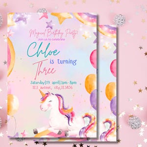 Modello di invito di compleanno a tema unicorno - Invito Canva modificabile - Invito per ragazze - Download digitale stampabile - Invito per compleanno arcobaleno pastello