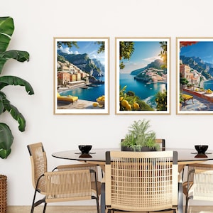 Amalfi Coast With Lemons Prints Set, Italy Printable Wall Art, Rustic Kitchen Prints, Italian Cityscape Prints, Mediterranean Printable Set