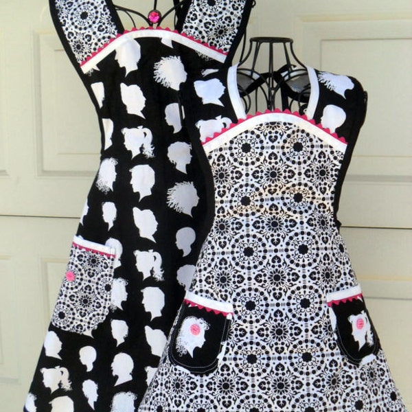 Retro Style Mother Daughter Full Apron Set in Black White and Hot Pink