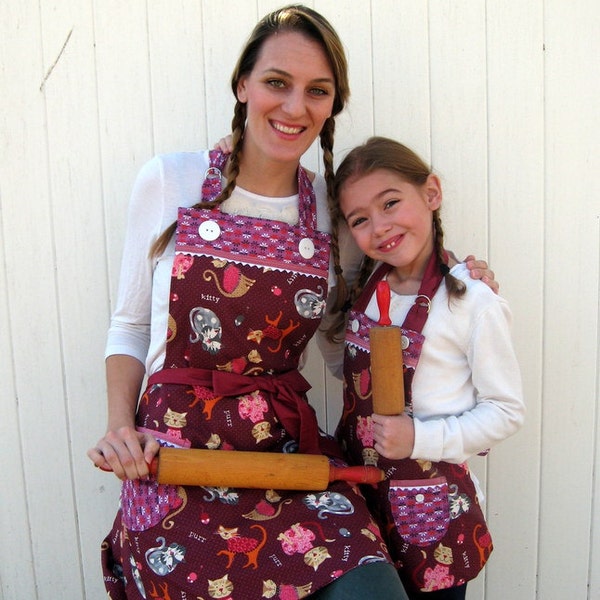 Matching Mother Daughter Apron Set Reversible in Purple and Pink Kitty Lovers