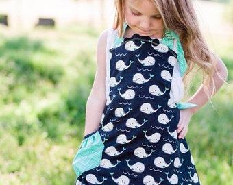 Reversible Girl's Apron Kids Cooking Apron with Whales in Teal and Black