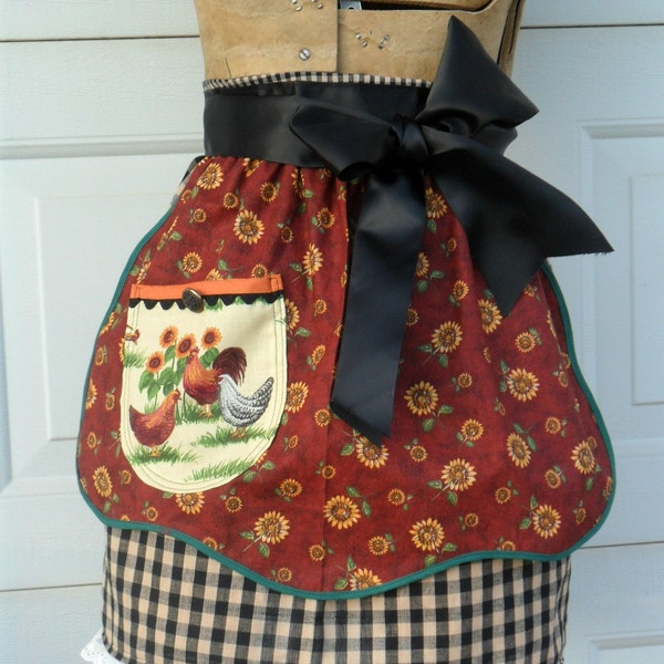 French FarmHouse Half Apron Chickens and Sunflowers