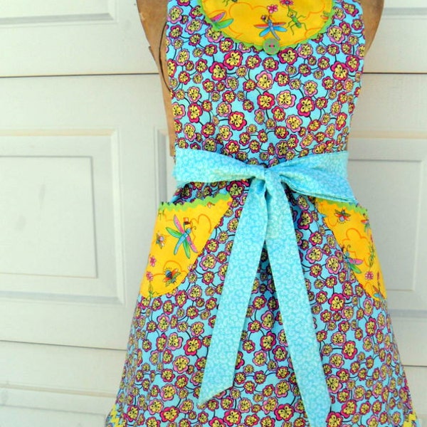 Mothers Day Full Apron Retro Style Reversible Apron in Yellow and Aqua with Dragonflies Ready to Ship