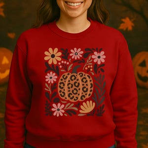 Leopard Kürbis Herbst Sweatshirt: Retro Floral Herbst Rundhals mit Geparden Kürbis und Herbstblumen