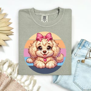 Cute Doodle Puppy Shirt with Pink Bow, Retro Rainbow Dog Lover T-Shirt for Women & Kids, Goldendoodle Cartoon Tee, Puppy Gift Idea