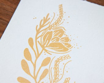 Gold Metallic Printed 5x7 Flower Print - Hand Screenprinted