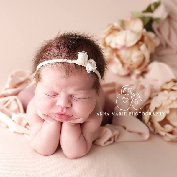 Daria simple adorable dainty ivory cream chiffon lace bow newborn headband tieback halo