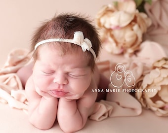 Daria simple adorable dainty ivory cream chiffon lace bow newborn headband tieback halo