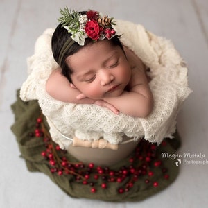 Mary christmas red ivory pine pinecone newborn tieback flower crown headband bow