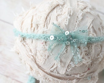 beaded aqua metallic sparkle newborn headband bow