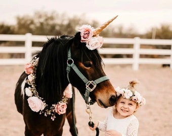 Celestia Blush light pink flowers gold white unicorn horn and floral necklace garland for horse pony accessory photography prop