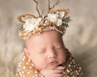 darling deer neutral organic lace fawn deer newborn baby headband flower crown bow