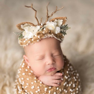 darling deer neutral organic lace fawn deer newborn baby headband flower crown bow