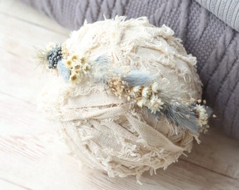 Marnie SET dried newborn flower crown grey navy blue  stretch sweater knit wrap posing fabric