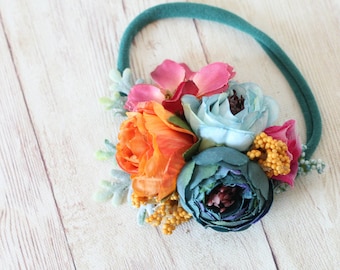 Harvest Moon dark pink mustard and teal berries mini peony dainty delicate newborn flower crown organic jersey headband