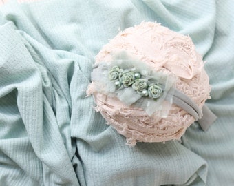 Maven SET pale seafoam mint sage dusty aqua stretch knit wrap newborn flower bow newborn headband tieback halo